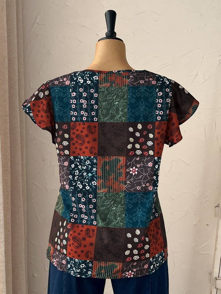 Plus Size Vacation Casual Patchwork Printed Cap Sleeve Blouse, Summer For Women