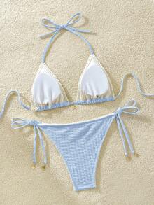 Swim Mod Women's Summer Vacation Beach Solid Color Textured Halter Bikini Set - Blue - View 3