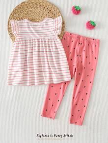 Cozy Pixies Young Girl Strawberry Pattern Knit Soft Round Neck Sleeveless Tank Top And Elastic Waist Printed Pants 2 Pieces Set - Pink - View 2