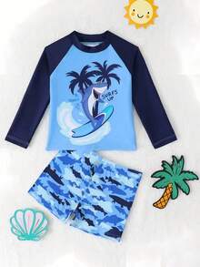 SHEIN 男婴螃蟹印花长袖上衣和条纹短裤 2 件套泳衣套装，非常适合夏季海滩、泳池、游泳、水上乐园、冲浪 - 彩色 - 查看 5