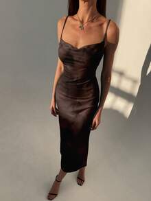 Aloruh Đầm maxi dáng đuôi cá ôm sát, dây mảnh, cổ xếp ly, in họa tiết, thanh lịch cho kỳ nghỉ. - Cà phê nâu - Xem 7