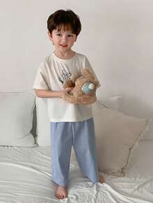 DAZY 男童卡通印花圆领短袖上衣和条纹印花长裤睡衣套装 - 白色 - 查看 4