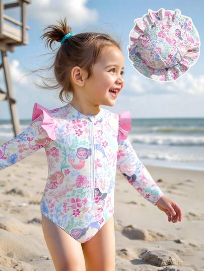 Baby Girls Beachwear,Baby Girl's One-Piece Swimsuit, Featuring A Cute Pink Cartoon Mermaid And Floral Print, Made Of Knitted Fabric. This Long-Sleeved Swimsuit Has Ruffle Details And Comes With A Matching Hat. Stylish, Casual, Exquisite, And Elegant, Perfect For Swimming, Summer Vacations, Beach Trips, Pool Parties, And Summer Holidays.