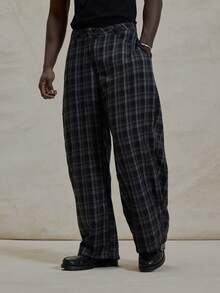 Musero Baggy Barrel Leg Checkered Trouser Flannel Asymmetric Belt Detailing Winter Essentials - Multicolor - View 2