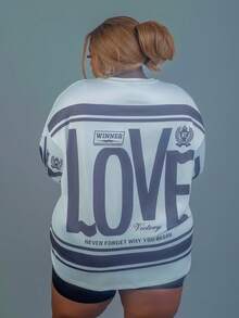 CurvyTilda Casual Street American Retro New Style Round Neck Off-Shoulder Letter English Logo Printed Long-Sleeved Super Loose T-Shirt Skirt Apricot Bottom Green Flower Women's T-Shirt-AIn Fall/Winter - Black and White - View 2