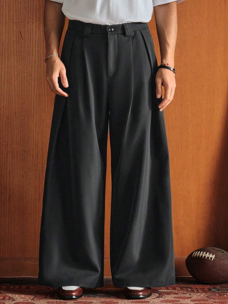 SWAVVY 男士时尚百搭通勤纯色阔腿西装裤 - 深灰色 - 查看 1