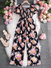 Sparklyn Girls' Allover Print Romper With Square Neck And Puff Sleeves, Summer Vacation Style - Black - View 2