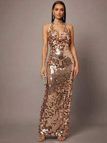 Silquee Đầm ôm dáng thanh lịch đính sequin dành cho nữ - Rượu sâm banh - Xem 8