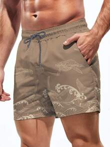Manfinity Swimmode Men's Wave Print Drawstring Waist Pocket Beach Shorts - Coffee Brown - View 5