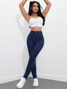 SHEIN PETITE Women's Casual Washed Skinny Jeans - Dark Wash - View 5