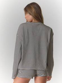 MUSERA Stripe Button Oversized Top And Mini Shorts Set Lounge Cosy Spring Summer Occasion Travel - Multicolor - View 4