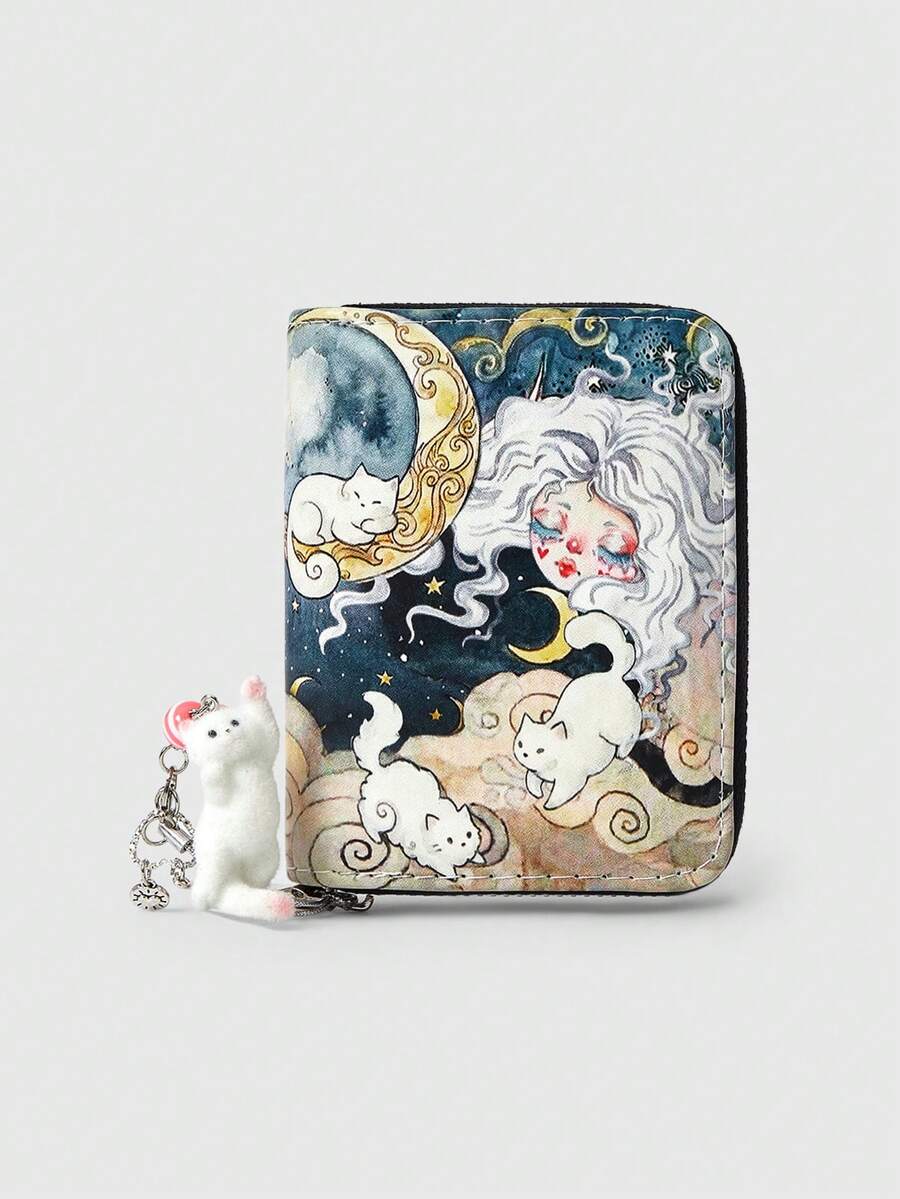 ROMWE Kawaii Sparkly Blue Adorable Cat Short Wallet With Cat Pendant - White-haired Girl - View 1