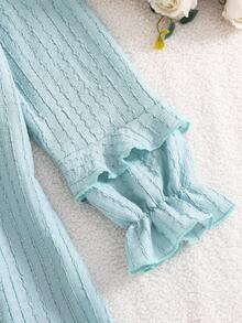 Girls Bowknot Design Knit Long Sleeve Round Neck Top + Casual Ruffle Hem Comfortable Loungewear, Spring/Autumn - Navy Blue - View 5