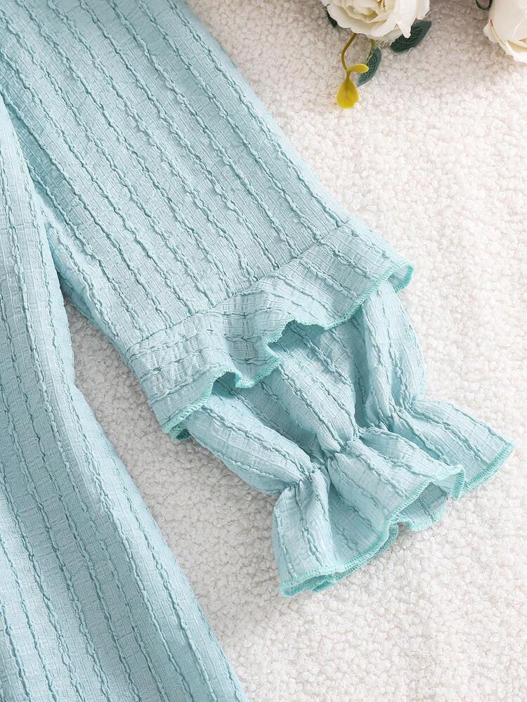 女童蝴蝶结针织长袖圆领上衣 + 休闲荷叶边下摆，舒适家居服，春秋季 - 藏蓝色 - 查看 5