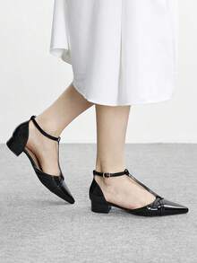 CUCCOO BIZCHIC 女士夏季新款镂空简约优雅粗跟百搭舒适绑带软皮中跟尖头户外凉鞋 - 黑色 - 查看 3