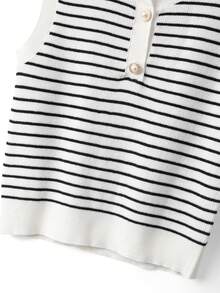 Franclia Women's Elegant Commuter Sleeveless Top With Half-Open Collar And Button Stripes, Spring/Summer - Black and White - View 4