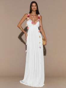 SHEIN BAE Đầm màu mơ trơn thanh lịch với họa tiết hoa 3D, dáng ôm sát, chất liệu lưới xuyên thấu, thích hợp cho kỳ nghỉ, đi biển, tiệc brunch. - trắng - Xem 1