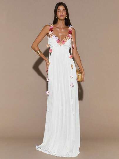 SHEIN BAE Apricot Solid Color Elegant Dress With 3D Floral Decor, Slim Fit Sheer Mesh, Suitable For Vacation, Beach, Brunch