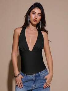 SHEIN BAE Women's Black V-Neck Backless Tie Tank Top, Satin Party Going Out Cocktail Top, Seksi Sexy Chic Club Summer Top, Formal Occasion Business Casual Wear - Black - View 5
