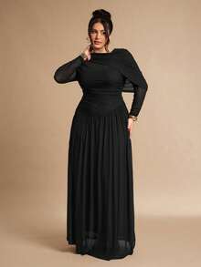 SHEIN BAE Vestido assimétrico de malha de tule marrom café de manga comprida para mulheres plus size - Preto - Ver 4