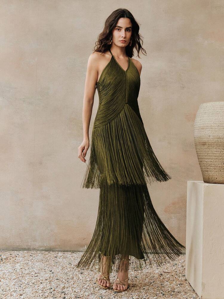 Anewsta Women's New Green Military Green Elegant Banquet Ball Gown Dress, Fringe Sexy Party Valentine's Day Carnival Dress Olive Green Bridesmaid Dress Fringe Dress Elegant One Shoulder Dress Green Wedding Guest Dress - Army Green - View 5