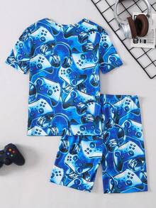 2pcs/Set Teenage Boys' Video Game Headphone Print Casual Round Neck Short Sleeve T-Shirt And Shorts Pajama Set - Multicolor - View 2