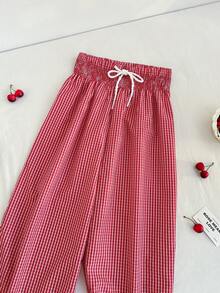 Sweetra 女士新年、夏季、万圣节、圣诞节、感恩节服装，新品上市，适合派对、通勤、日常、度假、海滩、休闲穿着。女士夏季沙滩裤，红白格子裤，红色裤子搭配白色扭结蝴蝶结腰带设计，宽松裤腿，休闲度假海滩时尚裤 - 紅白色 - 查看 5