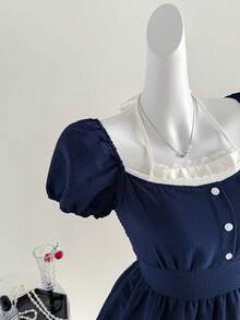 Sweetra Elegant Ruffled Collar Lace-Up Puff Sleeve Blouse, Versatile Design For Early Spring, Feminine Style - Navy Blue - View 7