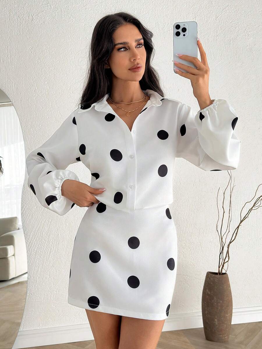 White Polka Dot Printed Two Pieces Set – Button-Up Shirt And Mini Skirt - Black and White - View 1