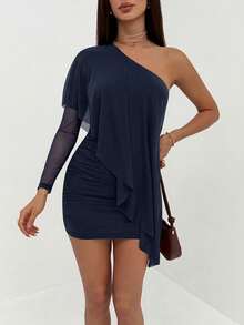 Aloruh Đầm ngắn nữ màu trơn lệch vai tay dài xếp nếp gợi cảm - Màu xanh hải quân - Xem 6