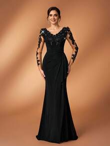 Serin 优雅奢华的珍珠钻石刺绣蕾丝贴花透视袖拼接弹力针织褶皱荷叶边鱼尾连衣裙，适合婚礼、派对、度假、新娘、新娘母亲、晚礼服等场合。 - 黑色 - 查看 6