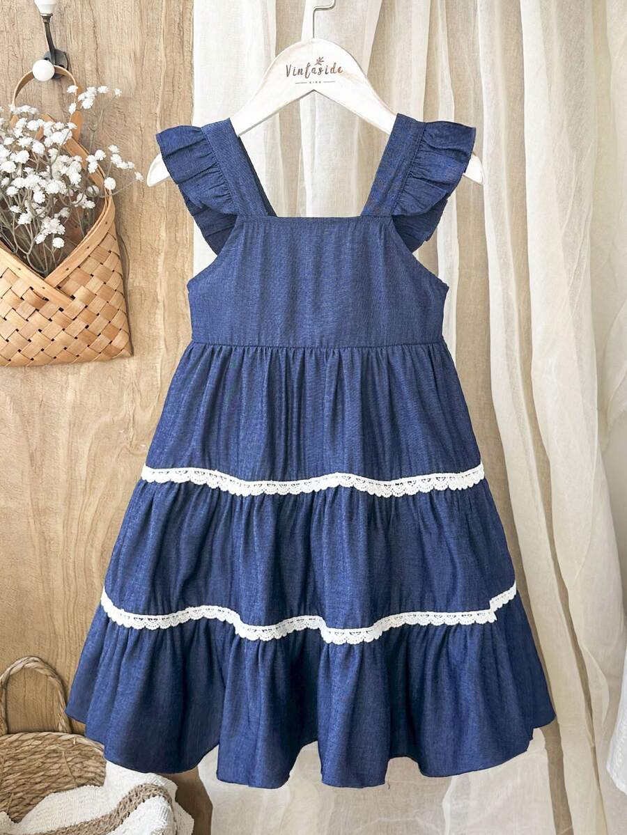 Vintaside Kids 女童夏季中码粉蓝色花园A字连衣裙。肩带的荷叶边设计巧妙可爱，增添了整体的甜美感和层次感。适合假日海滩玩耍、郊游、居家休闲、婚礼、生日、派对表演等各种场合。 - 藍色 - 查看 1