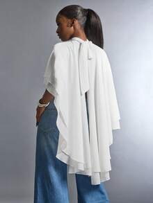 Amplova Women's High Collar Backless Tie Asymmetrical Hem Semi-Sheer Cover Up - White - View 1