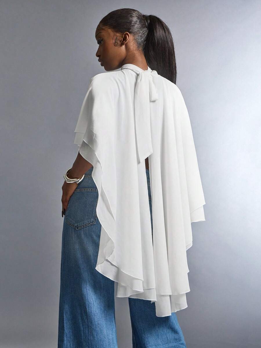 Amplova Women's High Collar Backless Tie Asymmetrical Hem Semi-Sheer Cover Up - White - View 1