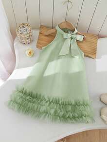 年轻女孩优雅可爱的绿色网纱蝴蝶结无袖连衣裙 - 綠色 - 查看 3