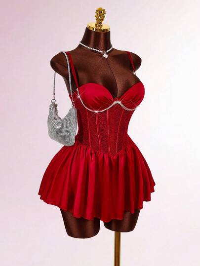 Amplova Sexy Party Women's Contrast Lace Ruffle Hem Spaghetti Strap Mini Dress