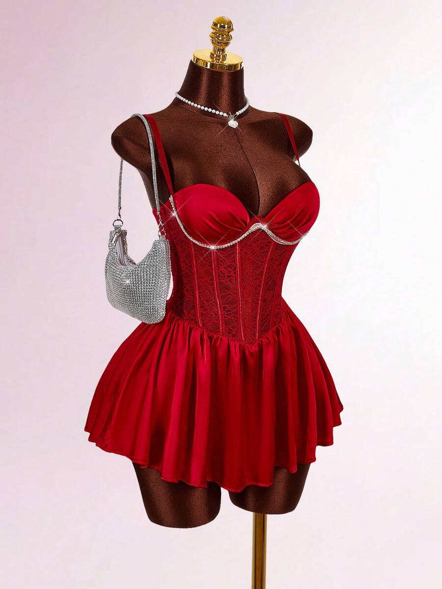 Amplova 性感派对女士撞色蕾丝荷叶边吊带迷你连衣裙 - 酒紅色 - 查看 1