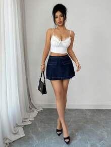 Elenzga 女士修身A字牛仔裙 - 深色水洗藍 - 查看 4