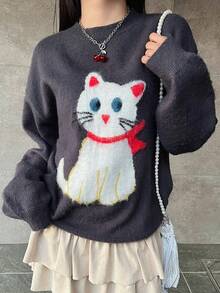 FRIFUL Áo len nữ màu trơn cổ tròn vai rớt tay dài họa tiết mèo móc len, dáng rộng thoải mái, đa năng, thích hợp cho mùa thu/đông. - Màu xám đen - Xem 2