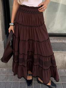 Livesso Cotton Pleated Skirt For Women - Coffee Brown - View 5