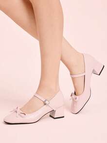 CUCCOO DOLLMOD Women's Light Pink Textured Round Toe Bow Decor Mary Jane Shoes, Sweet & Cute Style For Daily, Dating, Commuting - Pink - View 3