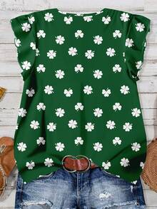 EMERY ROSE Áo kiểu tay ngắn dáng suông tối giản, in họa tiết cỏ ba lá, cỡ lớn, thích hợp cho kỳ nghỉ. - Nhiều màu - Xem 2