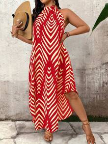 EMERY ROSE Plus Size Women Vacation Striped Casual Fashion Halter Dress - Red - View 6