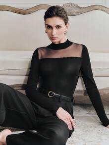 Anewsta Women's Mesh Beaded Long Sleeve Slim Fit Blouse T-Shirt - Black - View 3