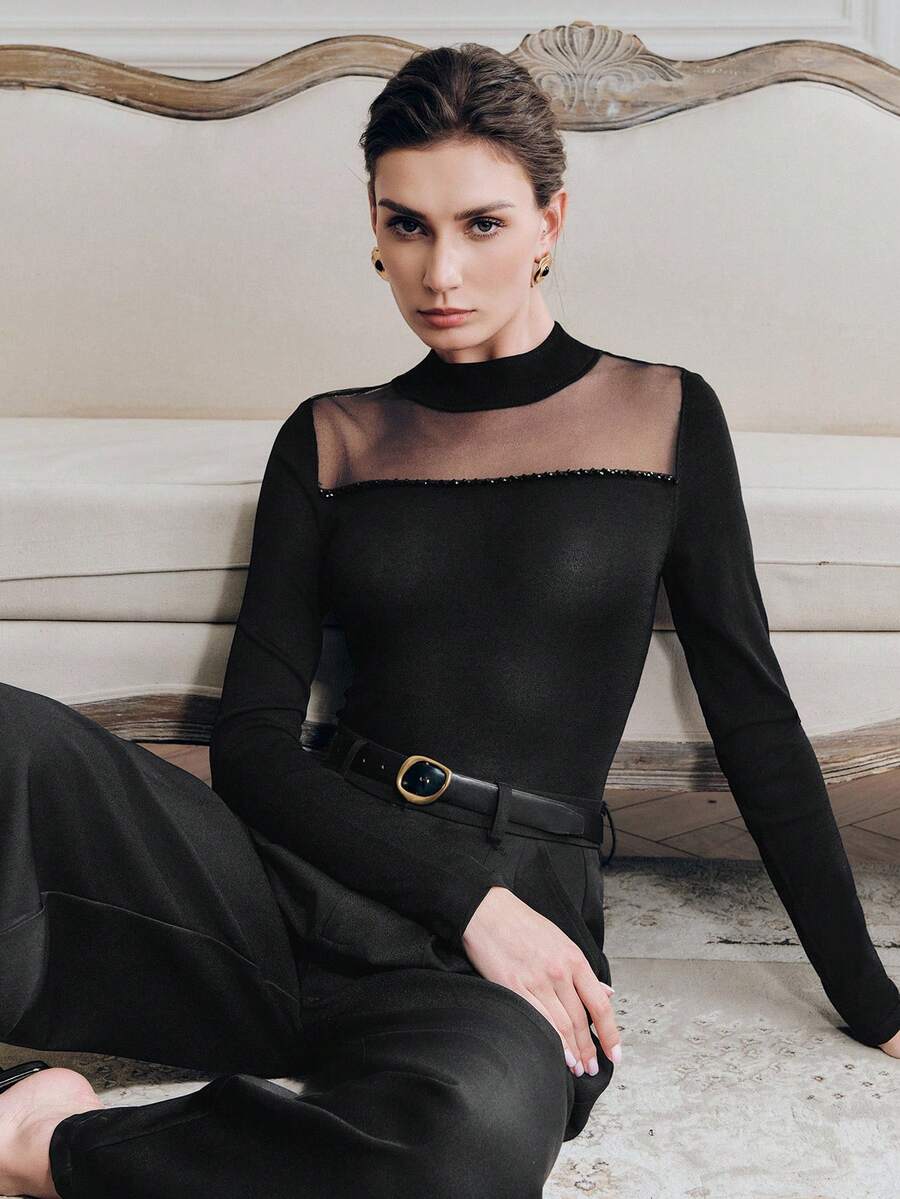 Anewsta Women's Mesh Beaded Long Sleeve Slim Fit Blouse T-Shirt - Black - View 1