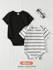 Cozy Pixies 2pcs Baby Boy Striped Pattern Knit Soft Round Neck Long Sleeve Romper Set, Versatile & Comfortable - Multicolor - View 3