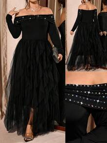 Cravure Váy dài tay thanh lịch hở vai lưới cỡ lớn - màu đen - Xem 1