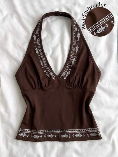 Attitoon Women's Vintage Brown Maillard Bohemian Retro Embroidered Halter Neck Retro Blouse, Suitable For Beach, Party, Vacation, Y2K, Outings, Music Festivals, Western, Festival, Streetwear, Goth, Valentine's Day, Spring To Summer