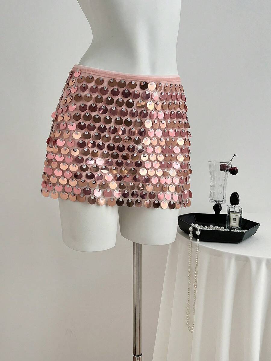 Elamini Women's Retro Sweet & Spicy Low Waist Mini Mesh Sequin Sequins Party Skirt - Pink - View 1