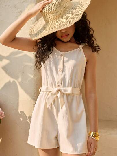 Sparklyn Tween Girls' Casual Everyday Vacation Diamond Floral Pattern Soft Comfortable BowKnot Decor Wood Grain Button Jumpsuit